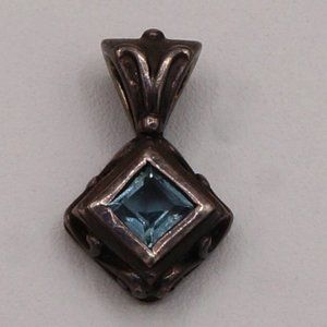 Vintage Blue Topaz Square Faceted Silver Ornate Pendant Signed
